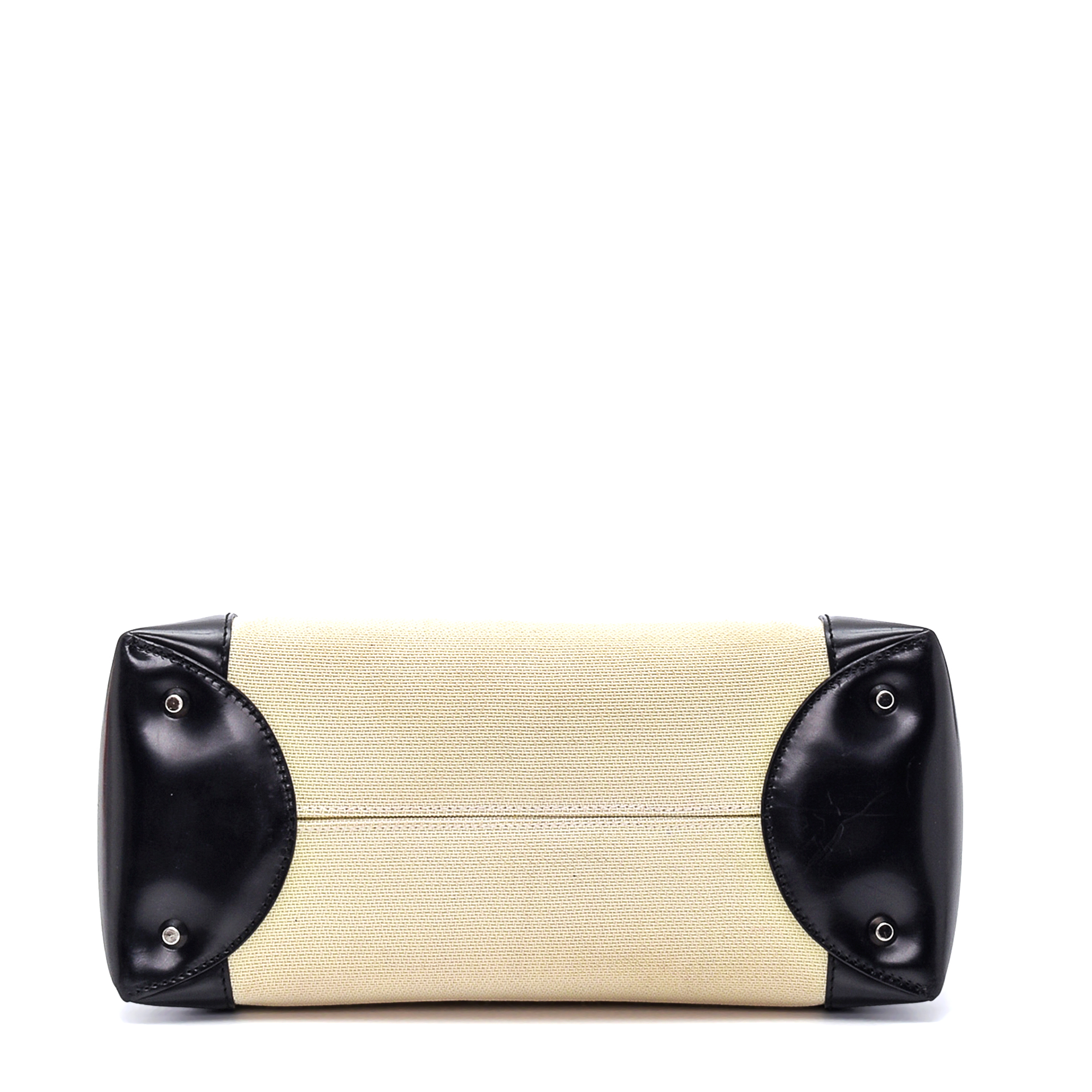 Christian Dior - Black Patent Leather & Cream Canvas Small Lady Dior Bag